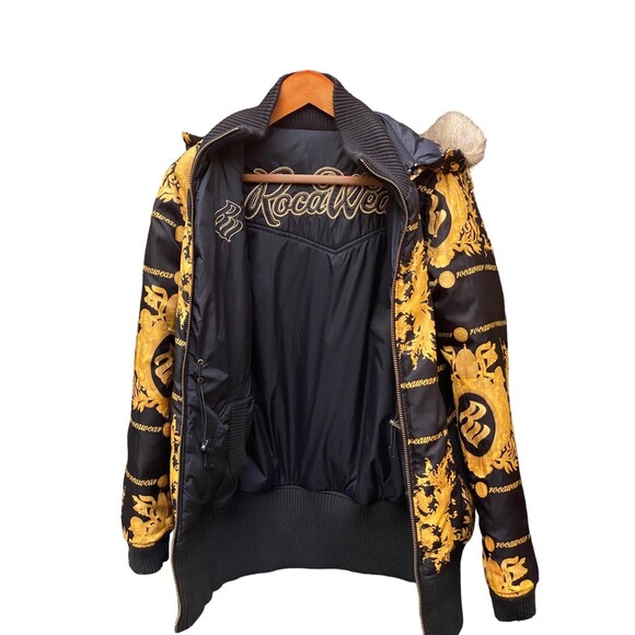 Vtg Rocawear Reversible Hooded Puffer Jacket Coat Black Red Sz M Broken Zip - Picture 4 of 12